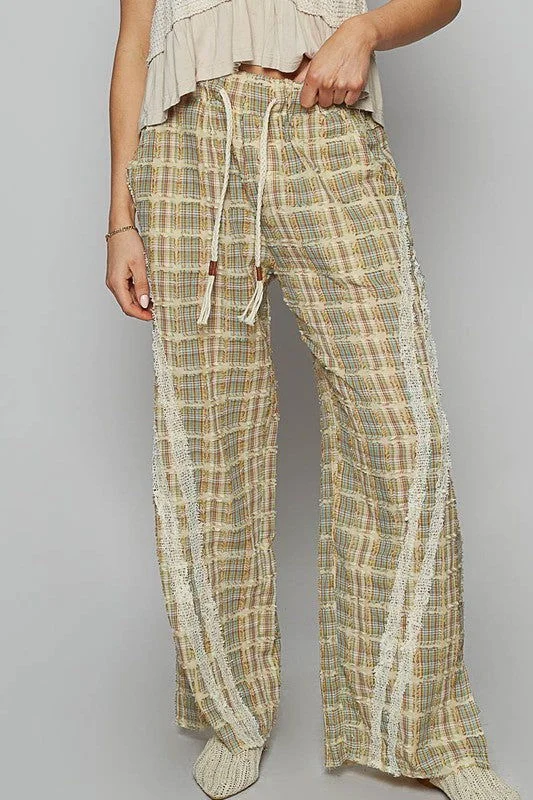 POL Lace Trim Drawstring Checkered Wide Leg Pants In Sage Elegant High-Waist Pants Elegant High-Waist Pants POL Lace Trim Drawstring Checkered Wide Leg Pants In Sage Elegant High-Waist Pants Elegant High-Waist Pants