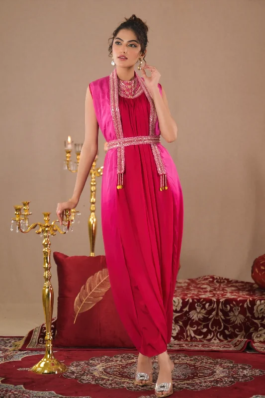 Pink Ombre Dyed Chinon Silk Dress With Pants High-Waist Trousers High-Waist Trousers Pink Ombre Dyed Chinon Silk Dress With Pants High-Waist Trousers High-Waist Trousers