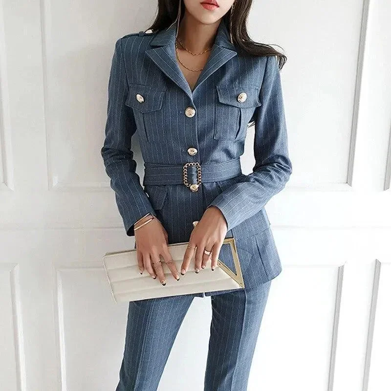 Pinstripe Women Pantsuits High-Waist Jeans High-Waist Jeans