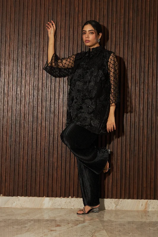 Fragrant Floral Applique Tunic Co-ordinated with Pleated Pants - Black Trendy Work Pants Trendy Work Pants Fragrant Floral Applique Tunic Co-ordinated with Pleated Pants - Black Trendy Work Pants Trendy Work Pants