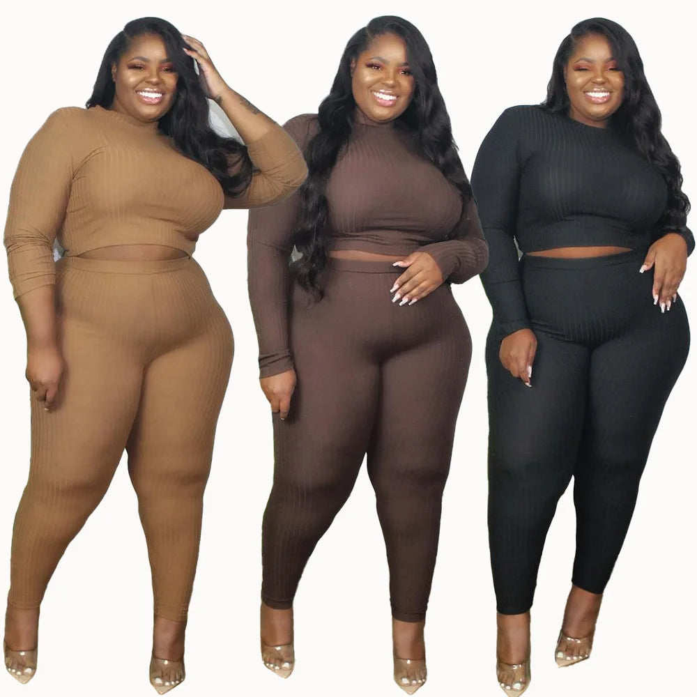 Solid Ribbed Knit Plus Size Ladies Outfits Black Long Sleeve 2 Piece Pants Set Women Clothing Stylish Casual Pants Stylish Casual Pants