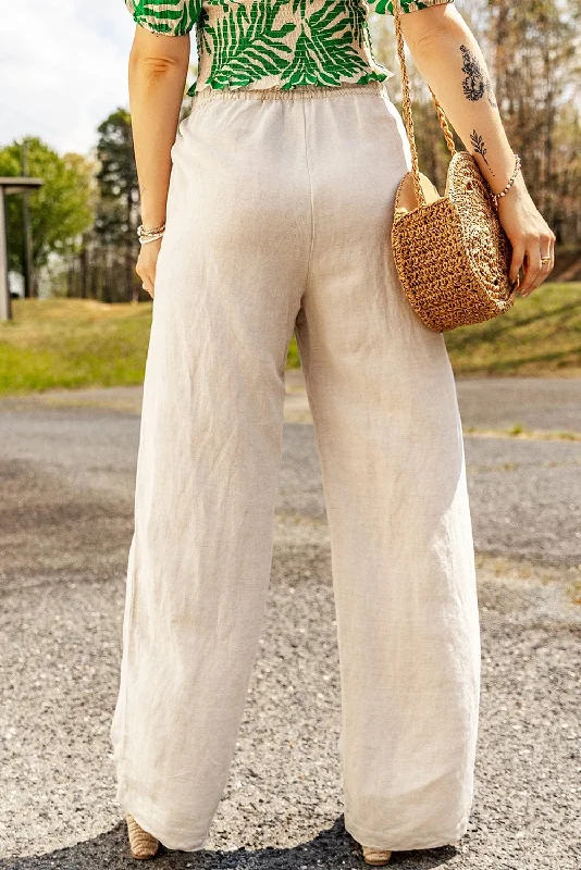 Women's Apricot Linen Elastic Waist Drawstring Wide Leg Pants Formal Dress Pants Formal Dress Pants Women's Apricot Linen Elastic Waist Drawstring Wide Leg Pants Formal Dress Pants Formal Dress Pants