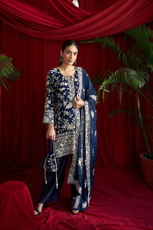 Reyna Gara Glazed Kurta With Pleated Pants and Dupatta- Blue Fashionable Button-Up Pants Fashionable Button-Up Pants