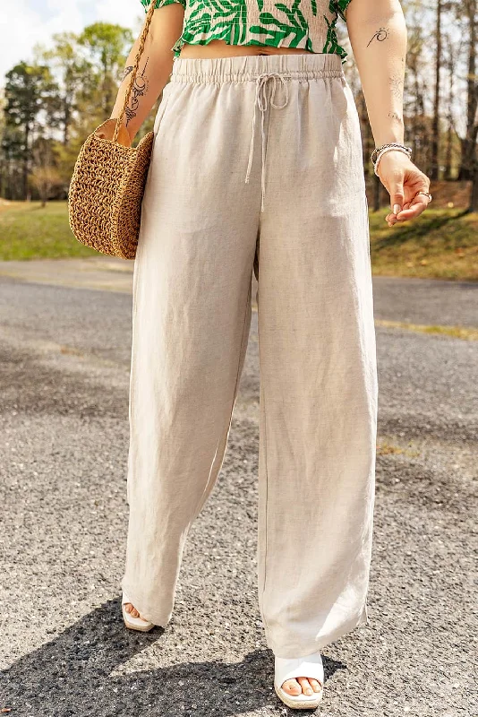 Elastic Waistband Wide Leg Linen Pants - Apricot Modern Bootcut Pants Modern Bootcut Pants Elastic Waistband Wide Leg Linen Pants - Apricot Modern Bootcut Pants Modern Bootcut Pants