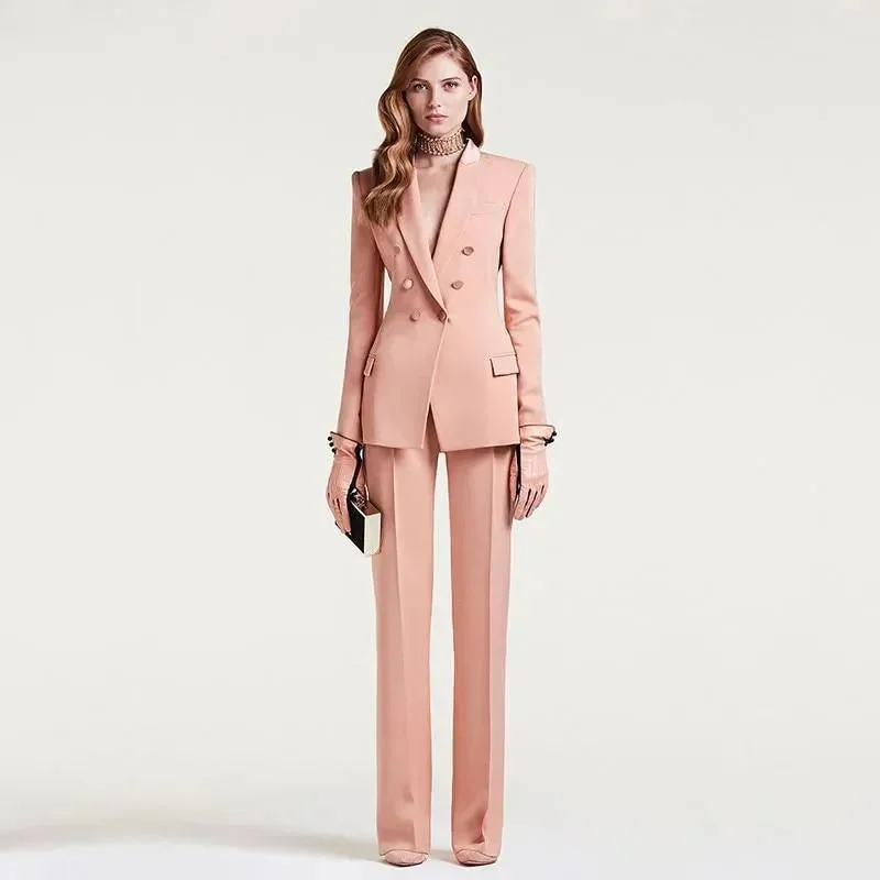 Pink Double Breast Women Pantsuit Soft Cotton Pants Soft Cotton Pants