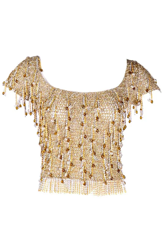 1970s Loris Azzaro Vintage Silver & Gold Metallic Crochet Beaded Top