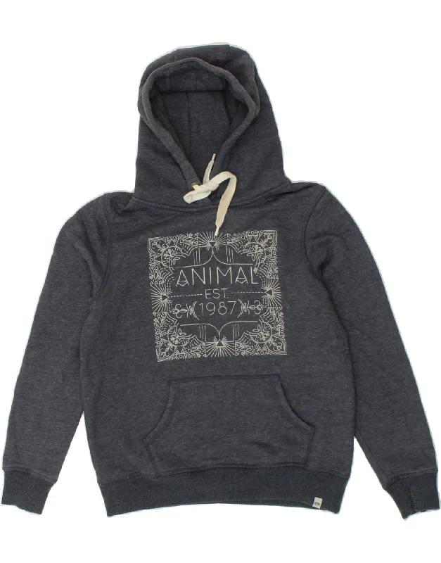 ANIMAL Womens Graphic Hoodie Jumper UK 12 Medium Navy Blue Cotton