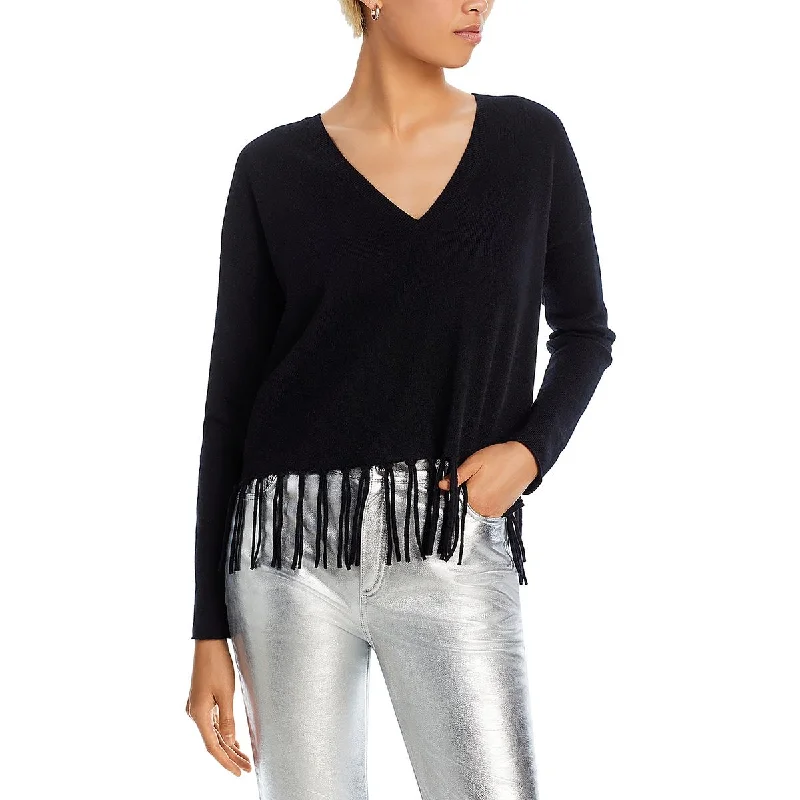 Aqua Womens Lady Cash Fringe Cashmere V-Neck Sweater