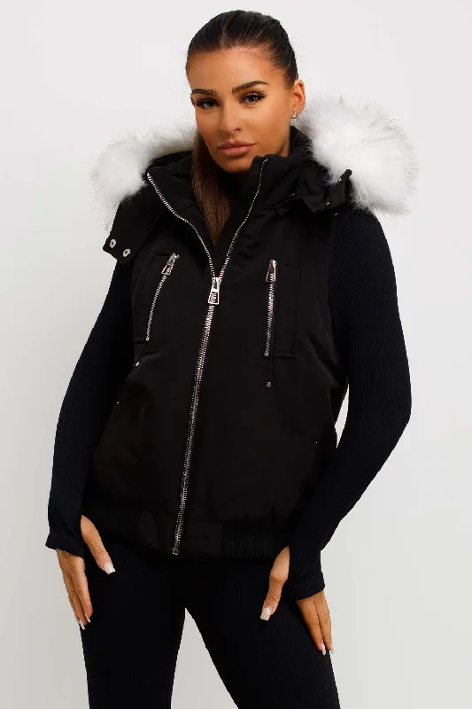 Black Gilet With Faux Fur Hood