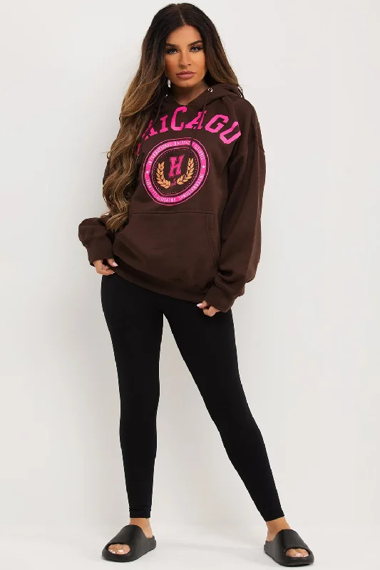 Brown Oversized Hoodie With Chicago Print