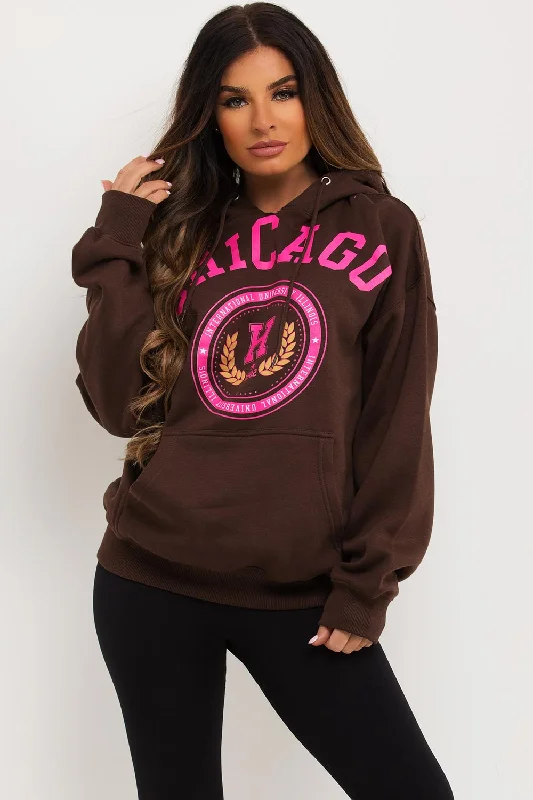 Brown Oversized Hoodie With Chicago Print