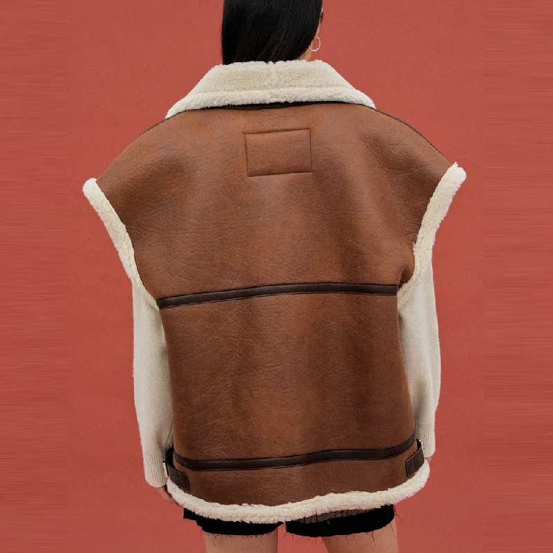 Brown Women Sheepskin Shearling Aviator Leather Vest