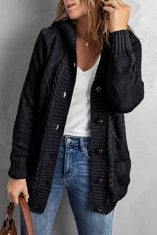 Button Front Hooded Cardigan with Pockets +