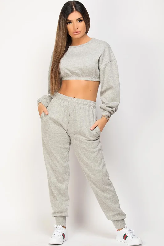 Grey Crop Sweatshirt And Joggers Loungewear Set