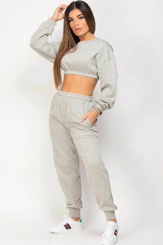 Grey Crop Sweatshirt And Joggers Loungewear Set