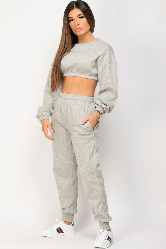 Grey Crop Sweatshirt And Joggers Loungewear Set