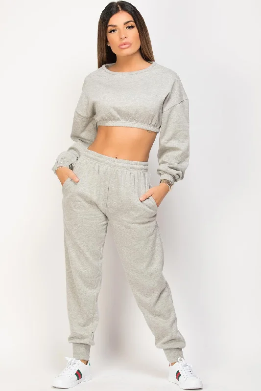 Grey Crop Sweatshirt And Joggers Loungewear Set