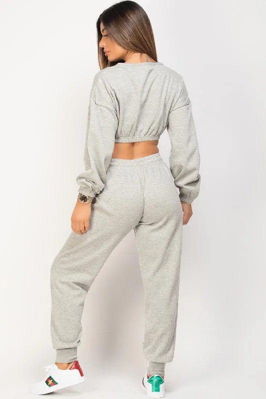 Grey Crop Sweatshirt And Joggers Loungewear Set