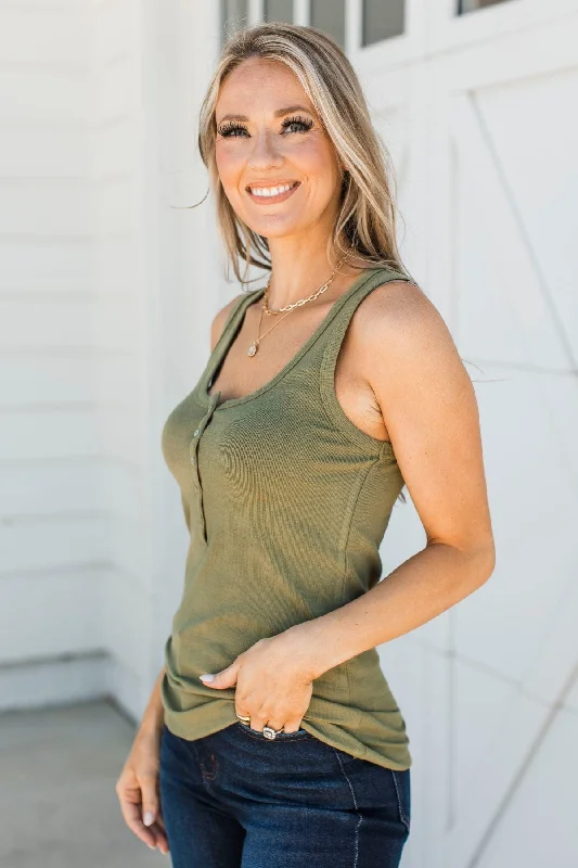 Memorable Moments Henley Tank Top- Light Olive