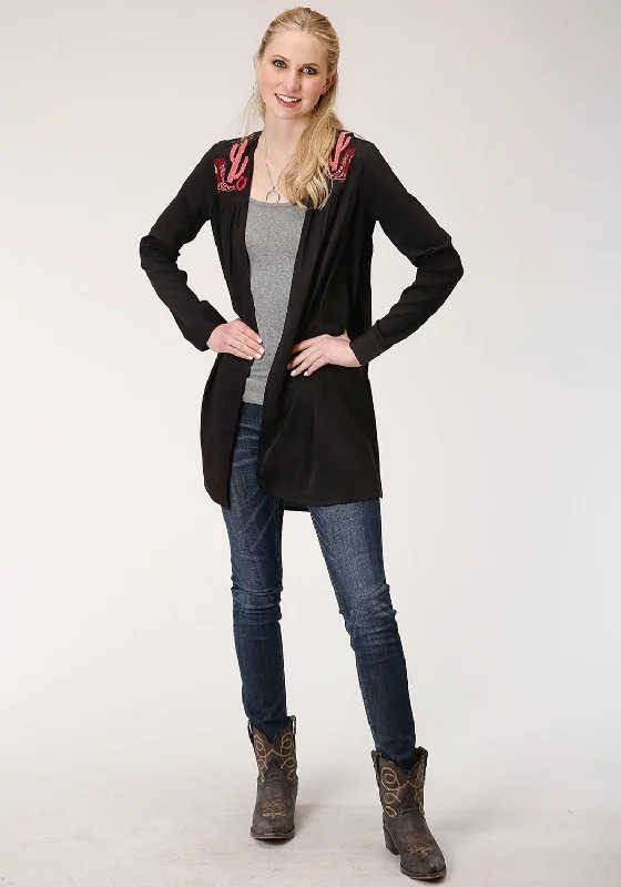 Roper Womens Black Polyester Pink Cactus Cardigan