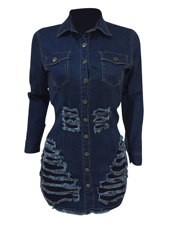 Shredded Denim Dress Women's Short Ripped Jeans Dress +