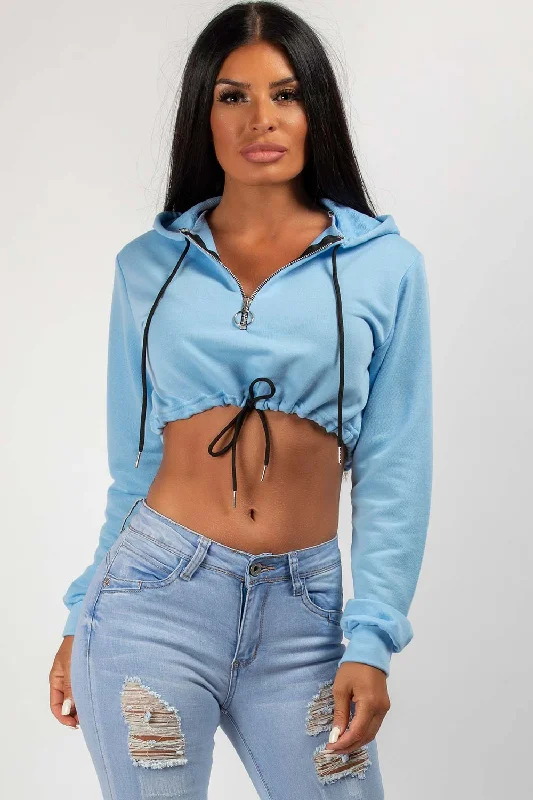 Sky Blue Crop Hoodie With Draw String Waist