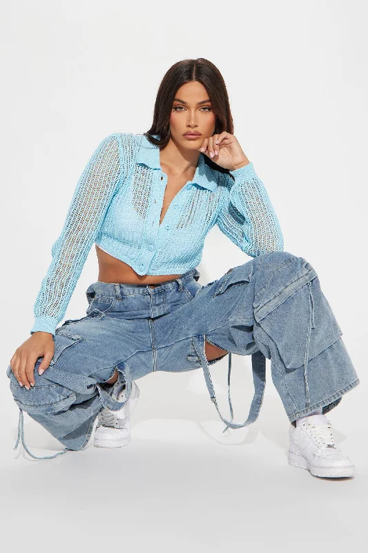 Summer Breeze Cropped Crochet Cardigan - Blue