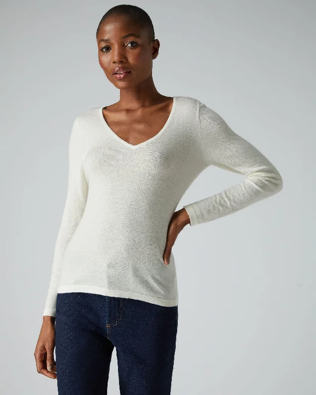 Women's Imogen Superfine Cashmere V Neck Sweater New Ivory White