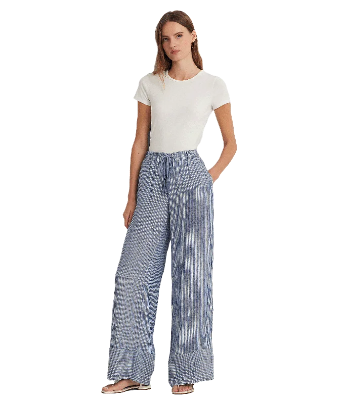 Pinstripe Linen Wide-leg Pant - Blue