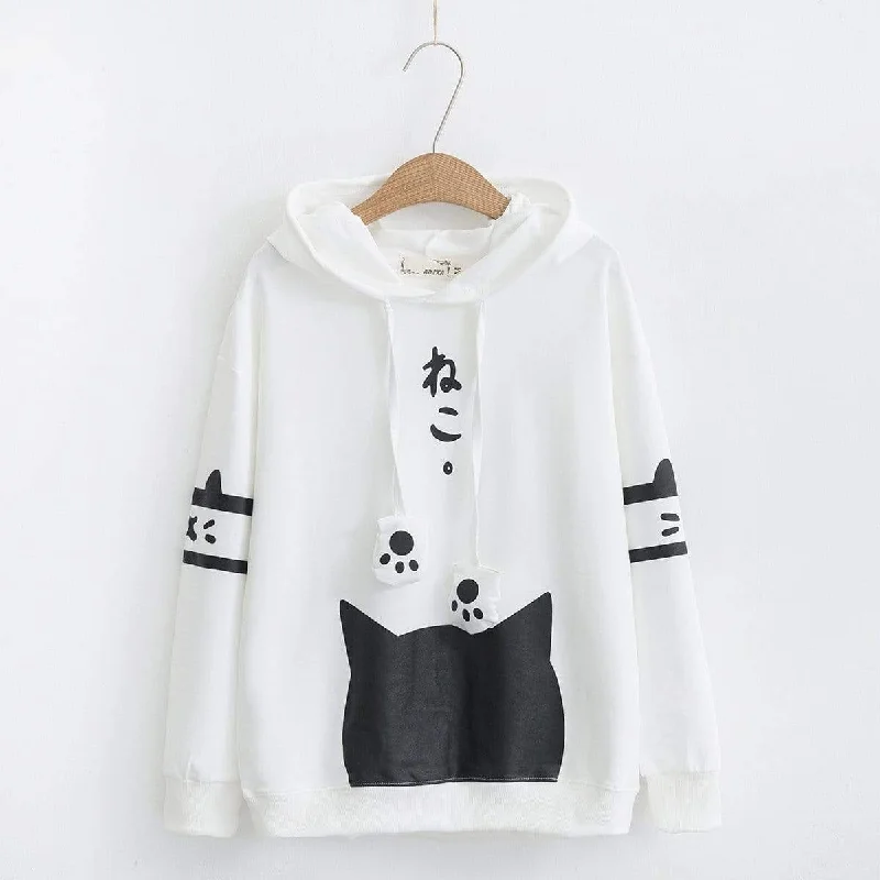 Women's Sweet Contrast Color Cat Printed Pads Drawstring Hoodies