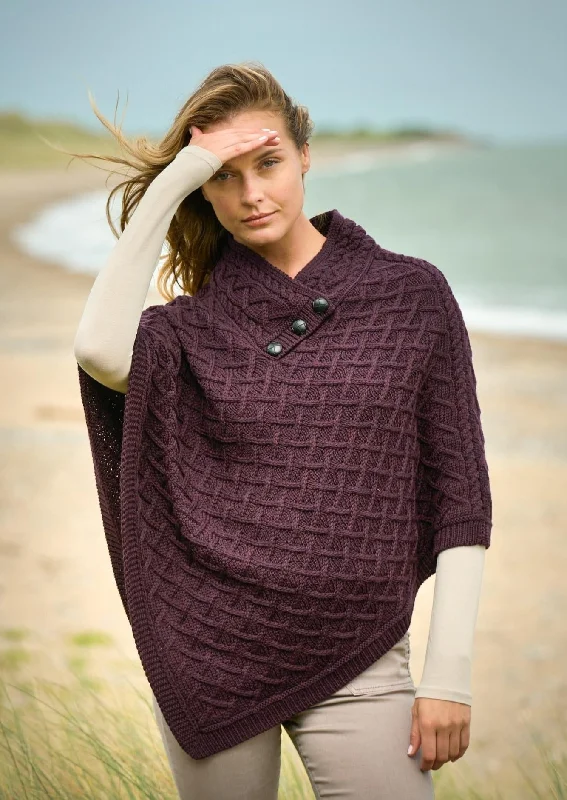 Aran Super Soft Merino Wool Poncho | Damson