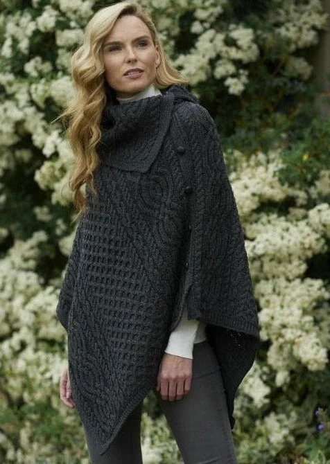 Aran Tipperary Cowl Neck Poncho | Charcoal