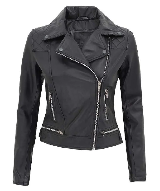 Asti Women Zipper Black Quilted Leather Jacket