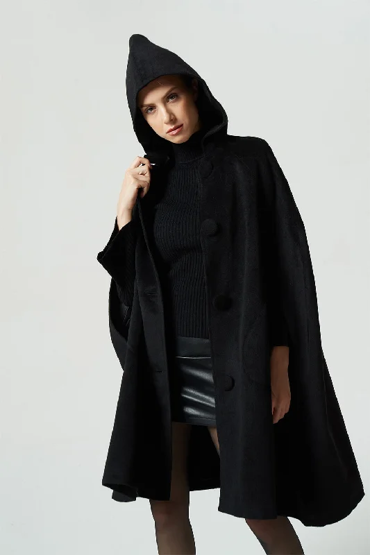 black wool cape coat, hooded warm cape, women winter outerwear 1952#