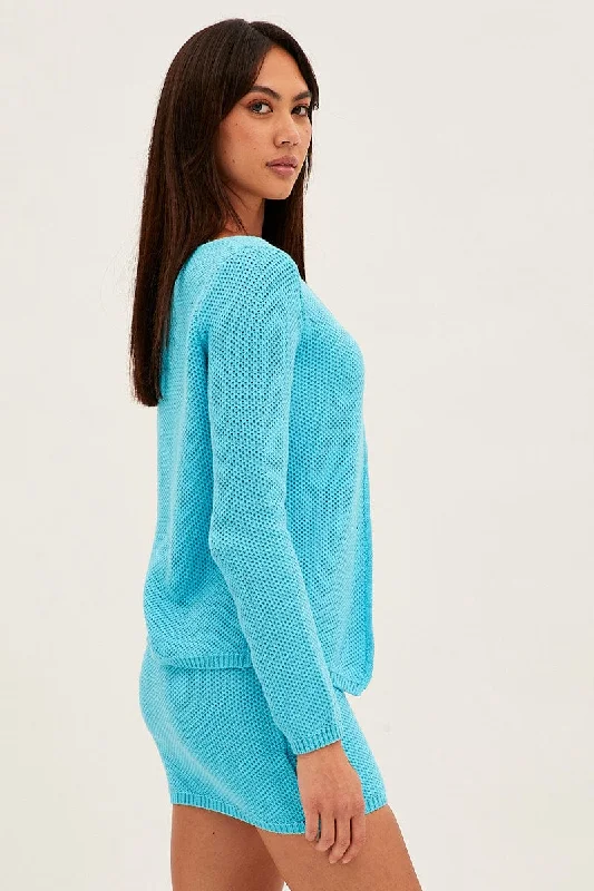 Blue Bolero Long Sleeve V Neck Tie Front Crochet Cotton