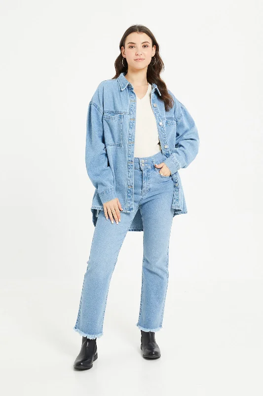 Women Blue Denim Pocket Shaket