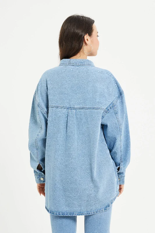 Women Blue Denim Pocket Shaket