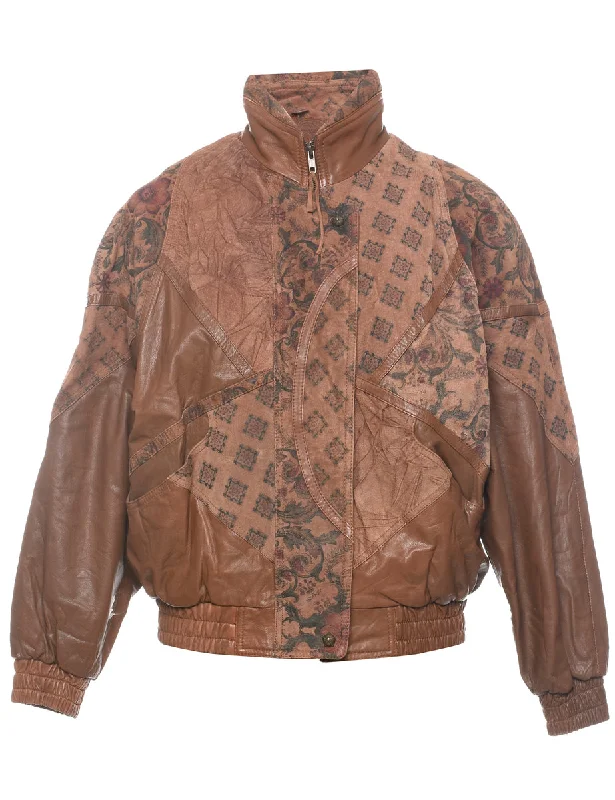 Brown Patterned Zip-Front Leather Jacket - M