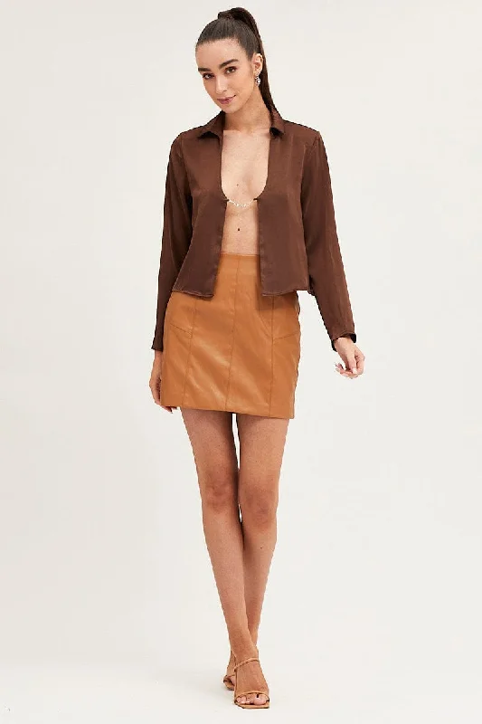 Brown Satin Long Sleeve Collared Chain-Link Front Jacket