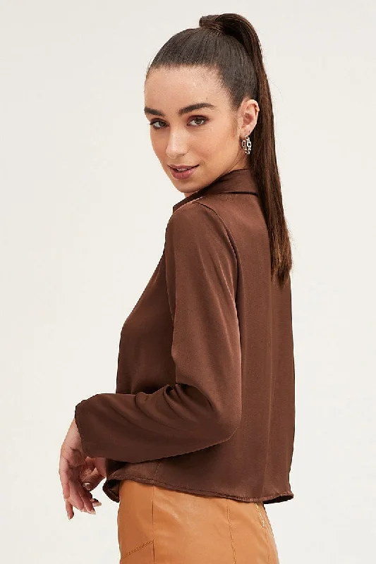 Brown Satin Long Sleeve Collared Chain-Link Front Jacket