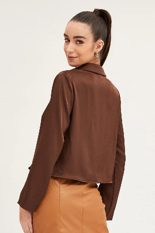 Brown Satin Long Sleeve Collared Chain-Link Front Jacket