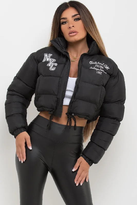 Crop Puffer Jacket With NYC Embroidery Black