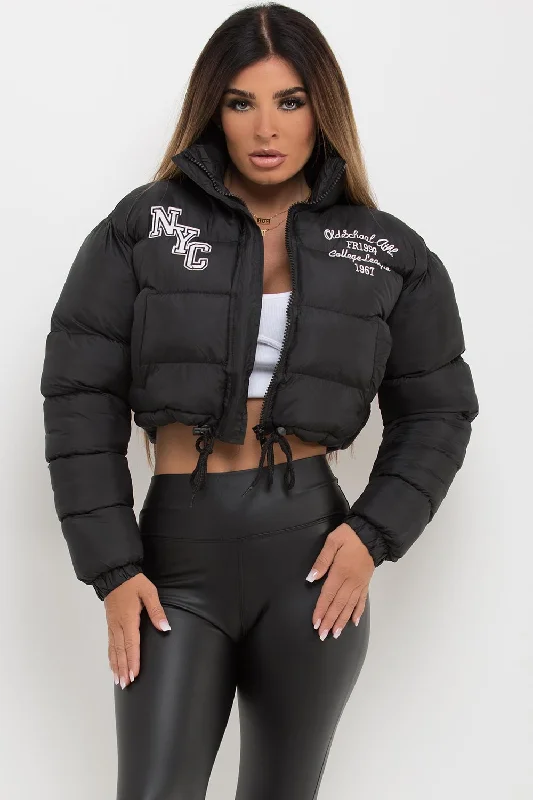 Crop Puffer Jacket With NYC Embroidery Black