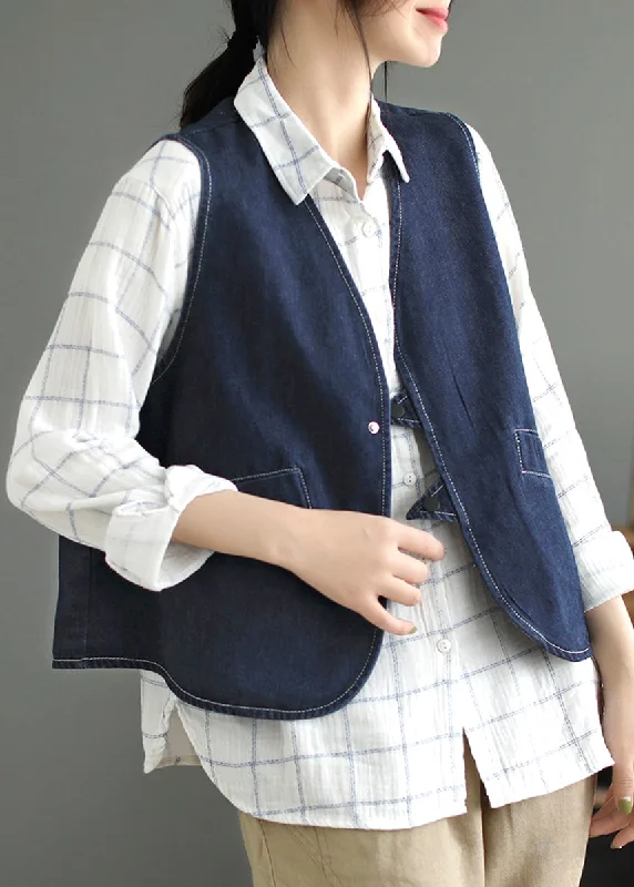 Dark Blue Pockets Patchwork Denim Waistcoat Sleeveless