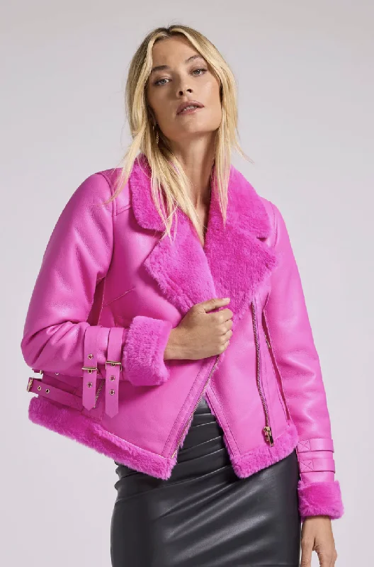 Dion Faux Fur Shearling Moto Jacket - Hot Pink