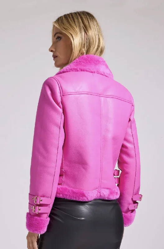 Dion Faux Fur Shearling Moto Jacket - Hot Pink