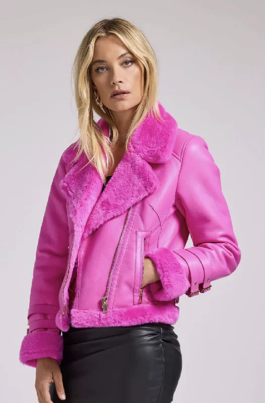 Dion Faux Fur Shearling Moto Jacket - Hot Pink