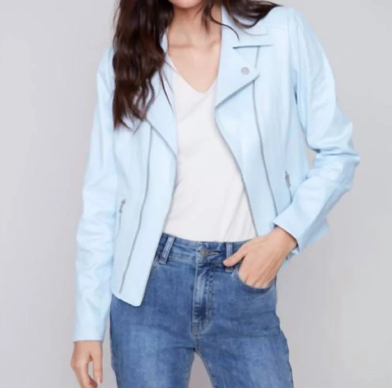 Faux Croc Leather Jacket In Sky