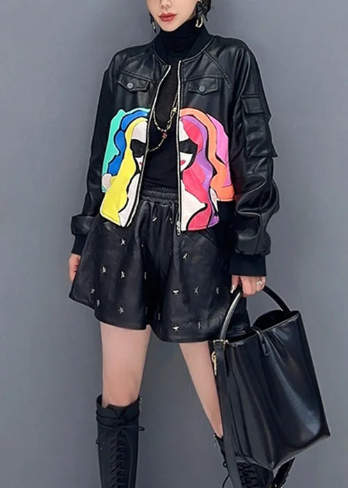 French Black Zip Up Print Patchwork Faux Leather Coats Long Sleeve