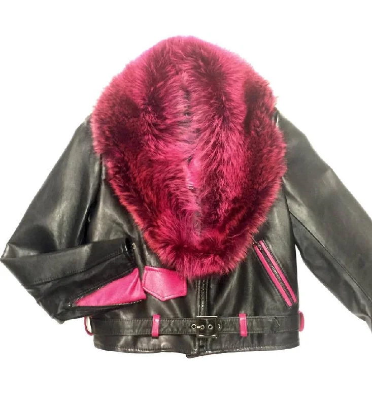 G-Gator Ladies Black & Pink Fox Collar Lambskin Biker Jacket